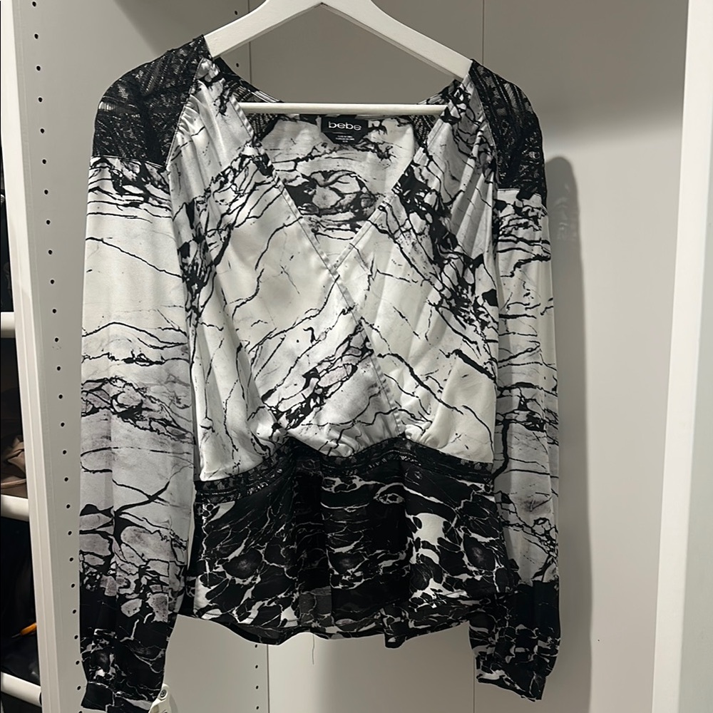 Bebe Black and White Long Sleeve Wrap Blouse